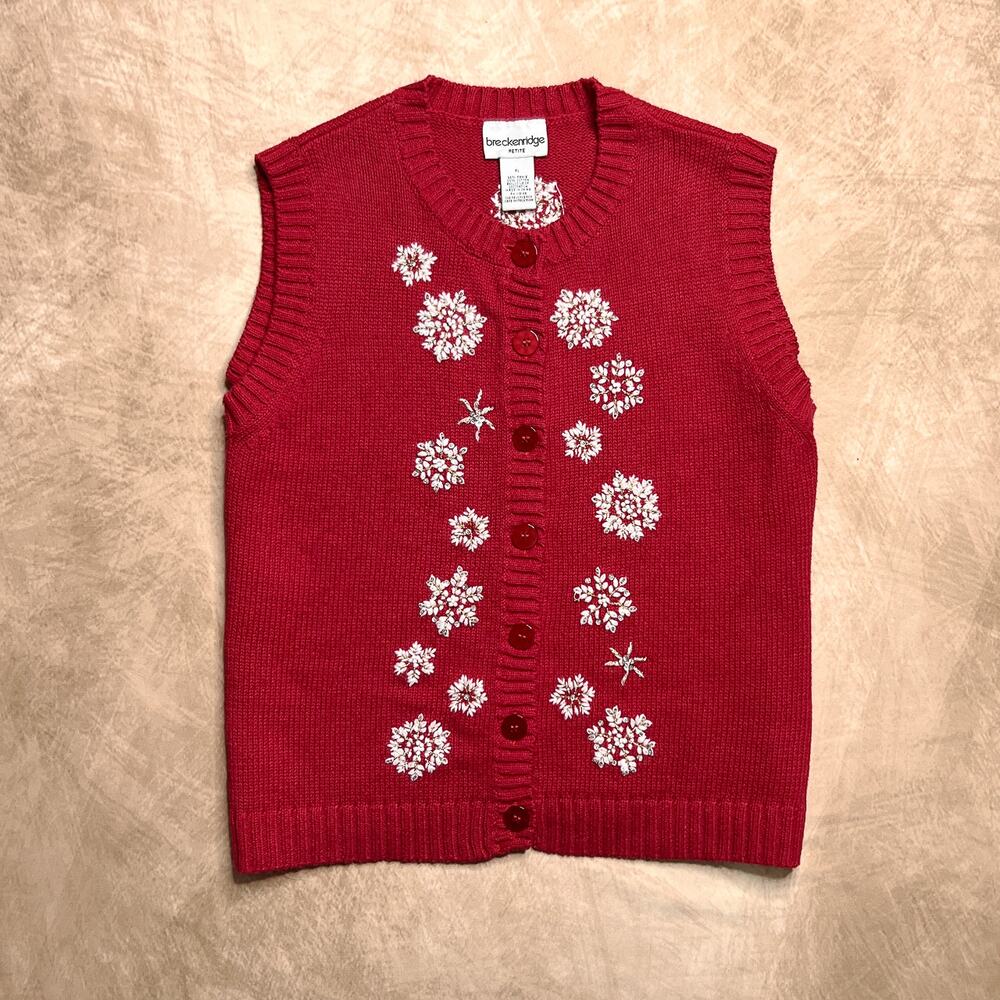 Vintage Y2K Snowflake Embroidered Holiday Sweater Vest Red Knit Christmas Winter